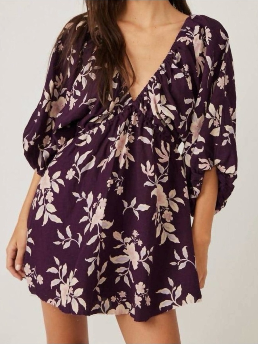 Free People Portia Floral Mini Dress Small Boho Balloon Sleeve Babydoll Purple